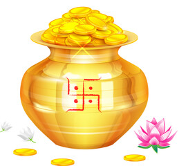 Gold coin in pot for Dhantera celebration on Happy Diwali light festival of India