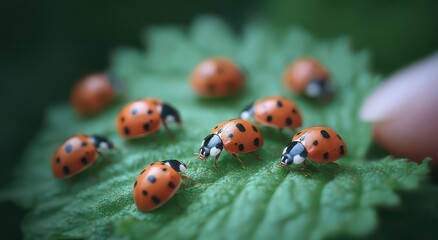 Group of Ladybugs on Green Leaf  