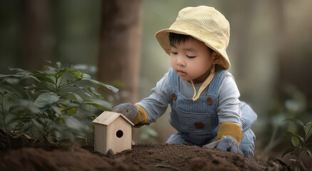 Child Exploring Nature with a Wooden House