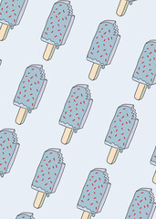 Hand-drawn blue popsicle pattern with bites and red sprinkles on cool background. Great for digital papers and textiles