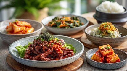 A beautiful Korean dinner spread with bulgogi, kimchi, japchae, banchan (side dishes), steamed rice. Sleek modern Korean interior. Elegant and clean composition