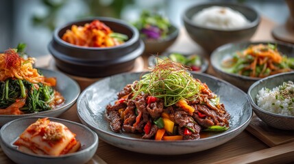 A beautiful Korean dinner spread with bulgogi, kimchi, japchae, banchan (side dishes), steamed rice. Sleek modern Korean interior. Elegant and clean composition