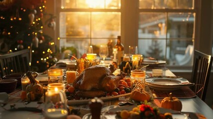 Warm Thanksgiving dinner table with turkey, candles, sunset