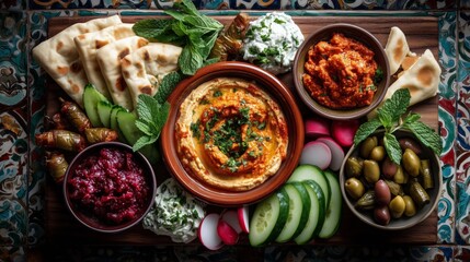 A beautifully styled mezze board featuring hummus, baba ganoush and dolma. Background includes Middle Eastern interior. 