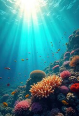 Obraz premium vibrant coral reef under turquoise water surface ocean life exploration marine ecosystem, underwater, fish, seaweed, anemone, tropical, colorful, undersea