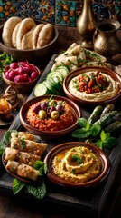 A beautifully styled mezze board featuring hummus, baba ganoush and dolma. Background includes Middle Eastern interior. 