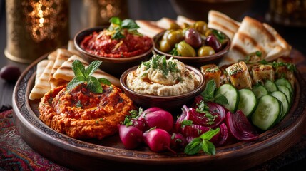 A beautifully styled mezze board featuring hummus, baba ganoush and dolma. Background includes Middle Eastern interior. 