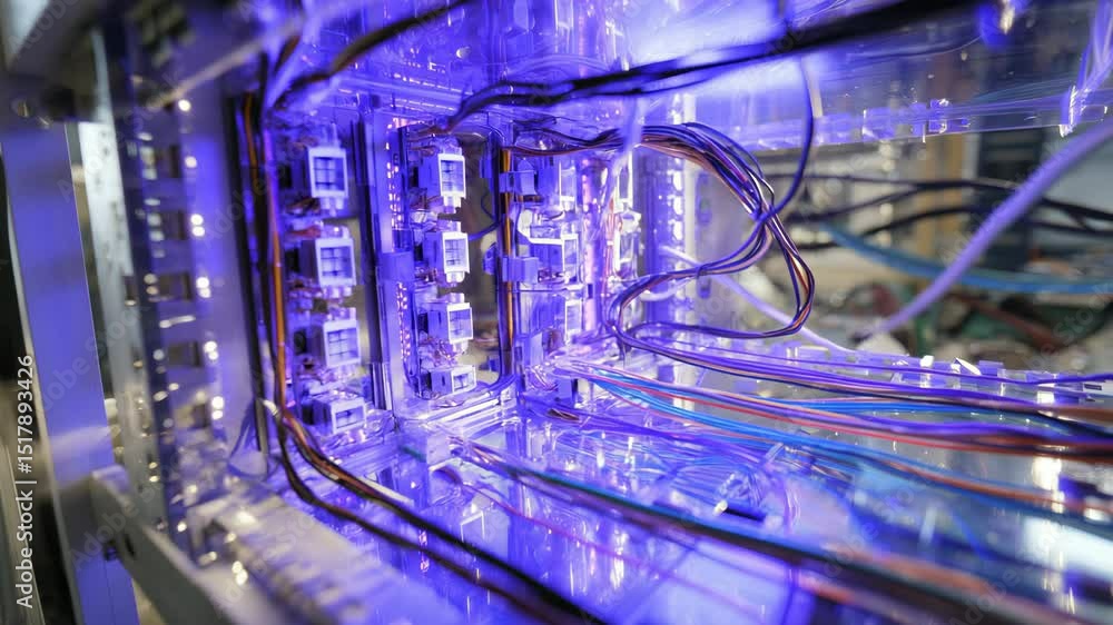 Poster quantum computing hardware gradually illuminating intricate circuitry. revealing advanced technologi