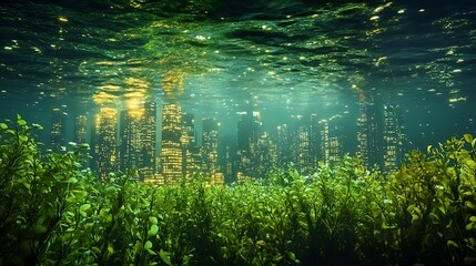 Submerged urban landscape with plants and glowing skyscrapers under water surface