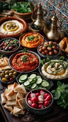 A beautifully styled mezze board featuring hummus, baba ganoush and dolma. Background includes Middle Eastern interior. 