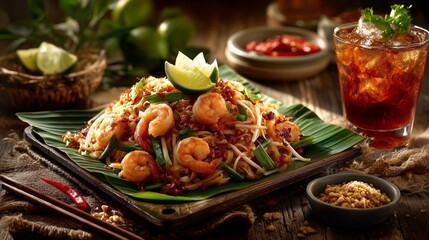 A beautifully styled plate of authentic Pad Thai on a banana leaf-covered tray, topped with shrimp, crushed peanuts, lime wedge, bean sprouts, and chili flakes. Southeast Asian vibe.