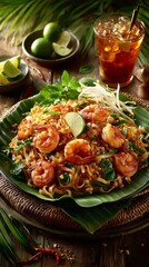 A beautifully styled plate of authentic Pad Thai on a banana leaf-covered tray, topped with shrimp, crushed peanuts, lime wedge, bean sprouts, and chili flakes. Southeast Asian vibe.