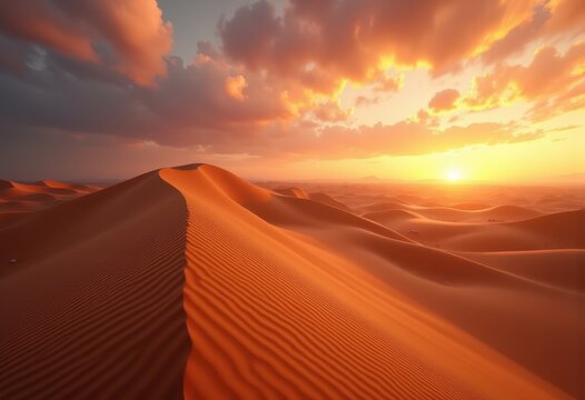 vibrant desert dunes sunset landscape golden hour sky warm tones natural beauty serenity outdoors, nature, sand, formation, light, horizon, texture, scenic
