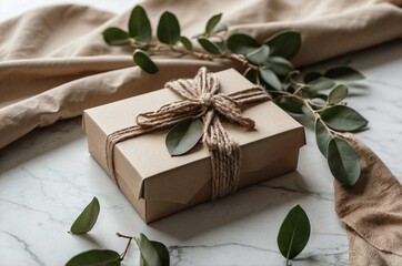 Beige Gift Box with Jute Twine and Greenery on White Marble, Elegant Natural Wrapping