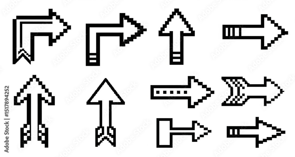 Poster pixel art arrows set for website navigation | retro style digital arrows for user interface design
