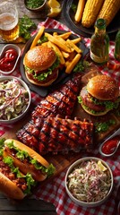 A classic American backyard feast with BBQ ribs, burgers, corn on the cob, hot dogs, coleslaw, fries, ketchup and mustard, and beer bottles. 