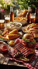 A classic American backyard feast with BBQ ribs, burgers, corn on the cob and hot dogs. 