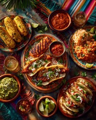 A festive Mexican feast on a colorful table, with tacos, enchiladas, guacamole, grilled corn, chili, salsa, and shots of tequila. Mexican kitchen background.