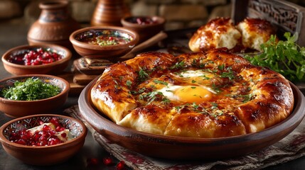 A hot, bubbling Adjarian khachapuri in a rustic clay dish, egg yolk glistening in the center of melted cheese and golden crust.