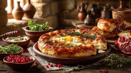 A hot, bubbling Adjarian khachapuri in a rustic clay dish, egg yolk glistening in the center of melted cheese and golden crust.