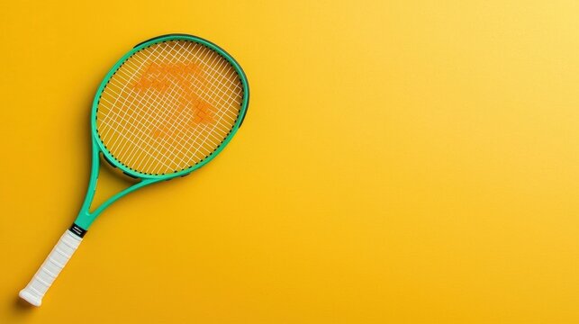 A tennis racket with a yellow handle and white strings.