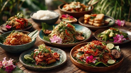 A large Thai family feast set on a rustic wooden table outdoors. Dishes include Pad Thai, green curry, papaya salad and Tom Yum soup.