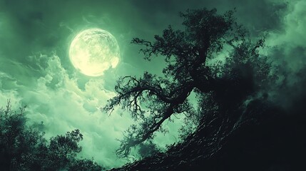 Fototapeta premium Dramatic moonlight landscape with eerie green sky and gnarled tree silhouette