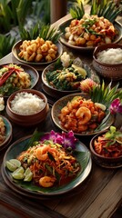 A large Thai family feast set on a rustic wooden table outdoors. Dishes include Pad Thai, green curry, papaya salad and Tom Yum soup.