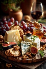 A luxurious Italian cheese board with parmesan chunks, pecorino, gorgonzola and fig halves on a rustic wooden board.