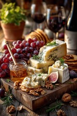A luxurious Italian cheese board with parmesan chunks, pecorino, gorgonzola and fig halves on a rustic wooden board.