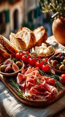 A rustic charcuterie board featuring thinly sliced prosciutto di Parma, cherry tomatoes on the vine. Cozy countryside Italian mood