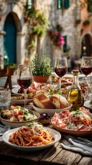 A rustic Italian feast on a large wooden table, filled with traditional dishes like spaghetti carbonara, bruschetta, antipasti, and prosciutto.