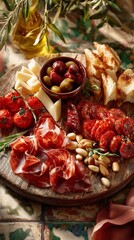 A rustic Spanish tapas board filled with manchego cheese, marinated olives