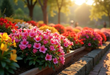 vibrant flower beds colorful blooms wooden garden borders decorative landscaping, spring, vivid, petal, leaf, plant, landscape, floral, blossom, appearance