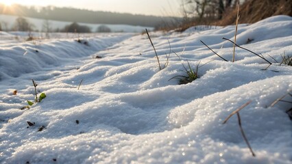 Winter wonderland: Close-up of snow-covered ground with plants peeking through.