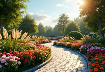 Obraz premium vibrant flower beds colorful plants modern paver pathways garden landscape, blossom, petal, flora, vegetation, tulip, rose, daisy, sunflower, perennial