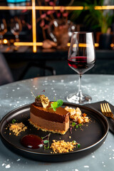 Luxury Chocolate Mousse Dessert with Wine.