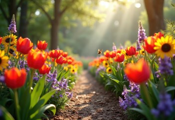 vibrant flower beds lush greenery blooming flora colorful garden nature serenity, petal, leaf, blossom, plant, landscape, botaical, vibrance, decoration