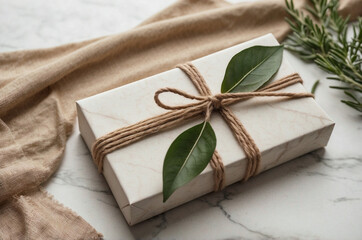 Beige Gift Box with Jute Twine and Greenery on White Marble, Elegant Natural Wrapping