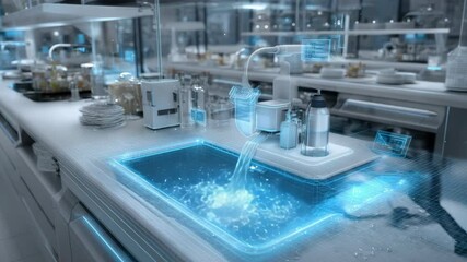 Futuristic kitchen sink with augmented reality features displaying water purity and other relevant information in a modern, minimalist kitchen setting
