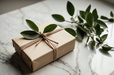 Beige Gift Box with Jute Twine and Greenery on White Marble, Elegant Natural Wrapping
