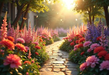 Fototapeta premium vibrant flower garden intricate stone path colorful blooms botanical beauty floral landscape serenity, irises, roses, geraniums, daisies, plants, greenery