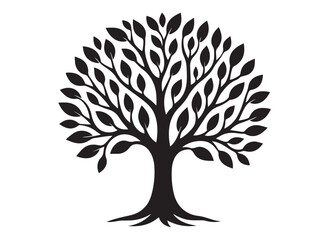 Tree of life logo silhouette vector, tree life logo icon silhouette, round tree of life with roots and branches vector, simple black tree of life silhouette logo vector on a white background.
