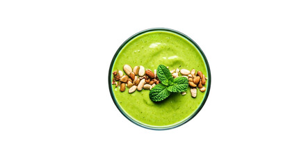 Overhead shot of a green smoothie with nuts and mint garnish on a black background studio shot