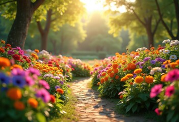 vibrant flowerbeds colorful blooms garden landscape bright nature beauty, petal, plant, flora, vibrancy, vegetation, botanical, blossom, soil, spring, leaf