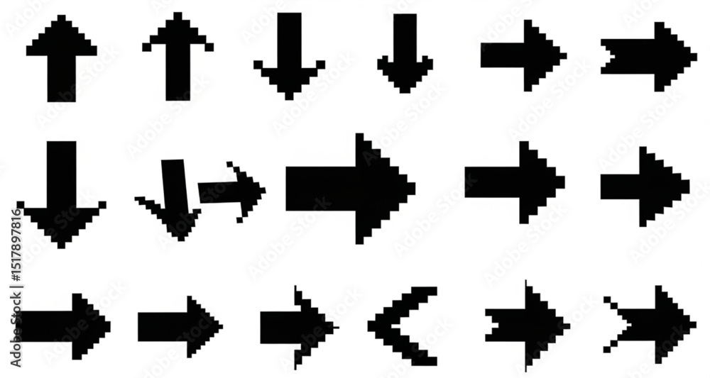 Poster assorted pixel art arrows - directional symbols and icons for user interface design, presentations, 