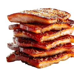 Canadian back bacon with maple syrup glaze, stacked neatly, golden sear marks, highly detailed, white background