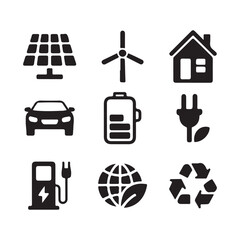 set features simple, black silhouette icons representing various aspects of sustainable energy.