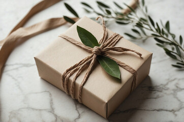 Beige Gift Box with Jute Twine and Greenery on White Marble, Elegant Natural Wrapping