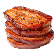 Canadian back bacon with maple syrup glaze, stacked neatly, golden sear marks, highly detailed, white background